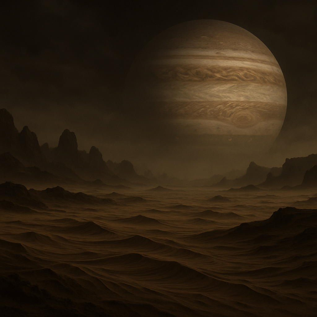 A vast desert landscape with large organized futuristic structures resembling a colony setup