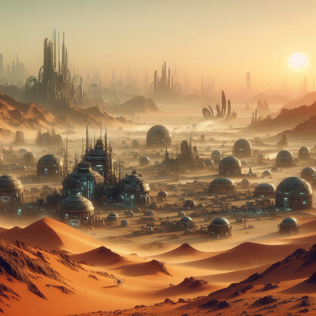 A vast desert landscape with a large, organized encampment of futuristic structures and vehicles, resembling a colony setup