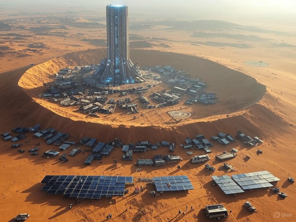 A vast desert landscape with a large, organized encampment of futuristic structures and vehicles, resembling a colony setup