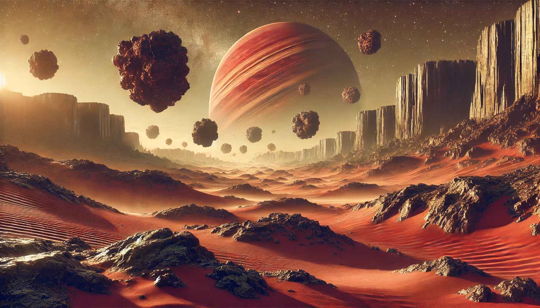 A vast desert landscape with large organized futuristic structures resembling a colony setup