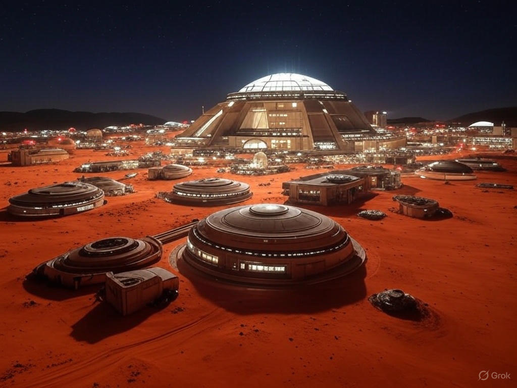 A vast desert landscape with a large, organized encampment of futuristic structures and vehicles, resembling a colony setup