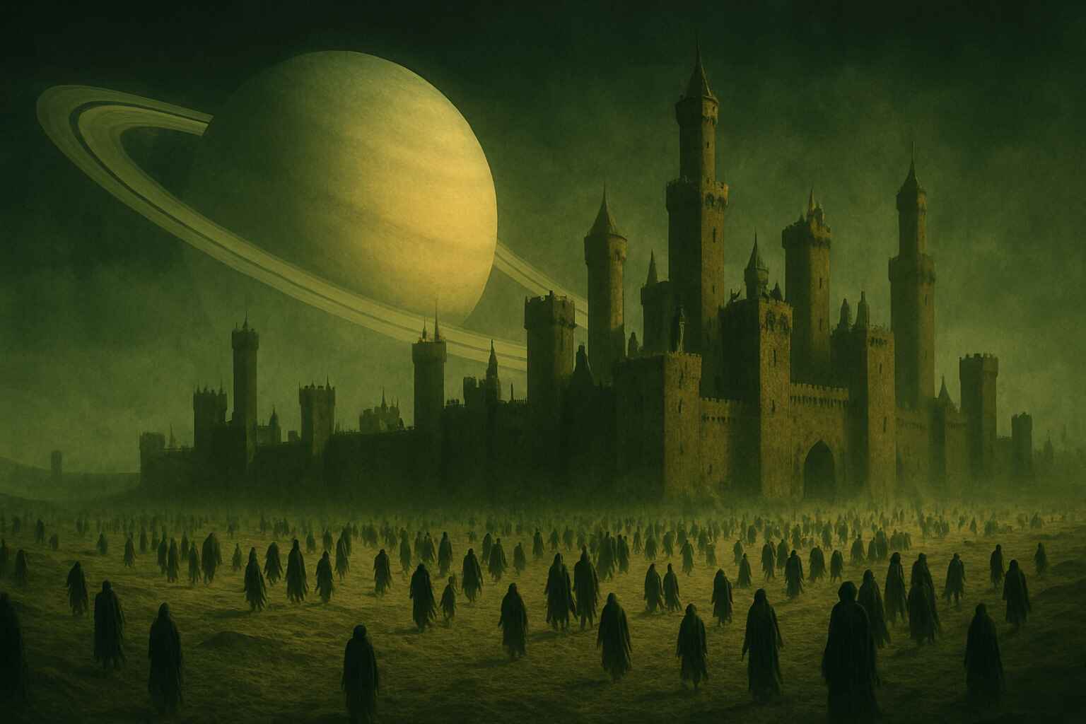 A vast desert landscape with large organized futuristic structures resembling a colony setup