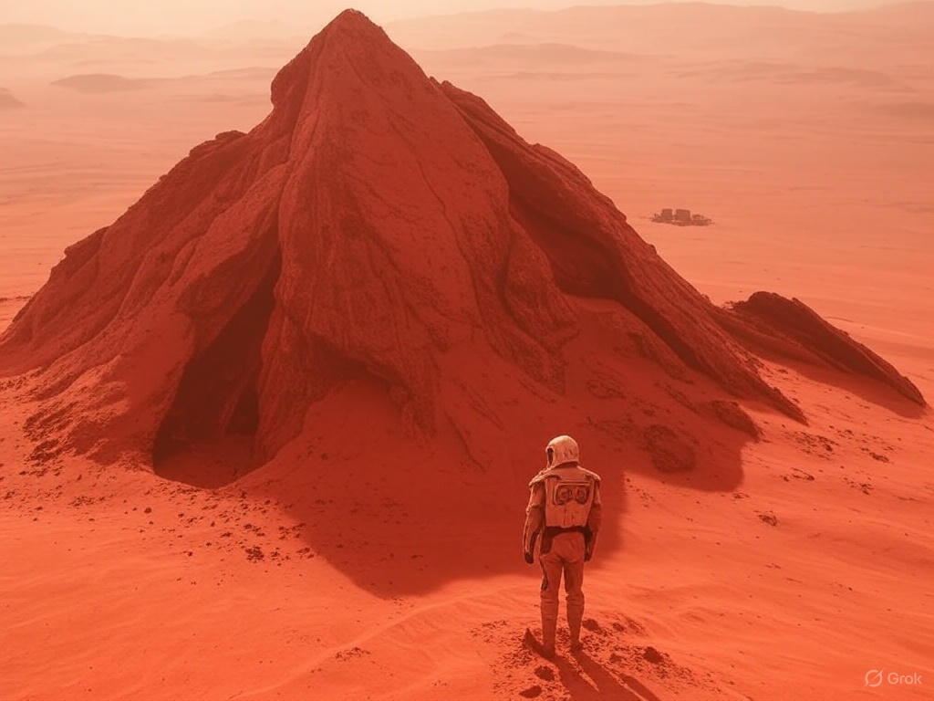 A vast desert landscape with a large, organized encampment of futuristic structures and vehicles, resembling a colony setup