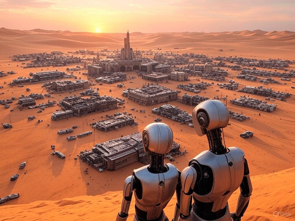 A vast desert landscape with futuristic structures and two robots watching towards it