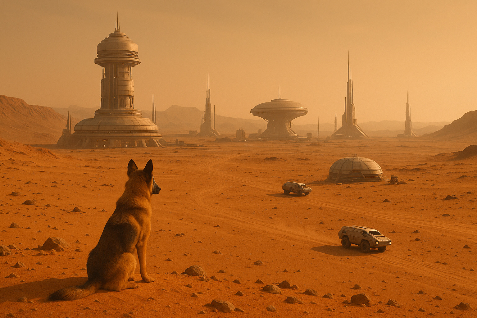 A colony of people on a desert with a dog sitting and watching towards it