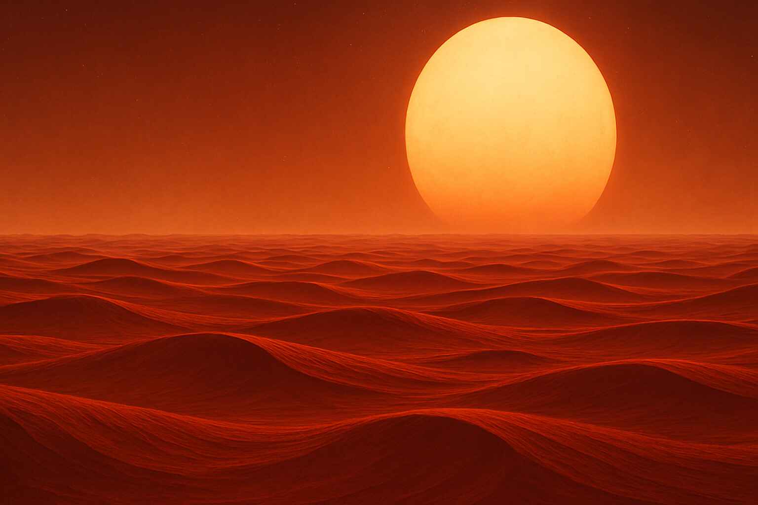A vast desert landscape with a large, organized encampment of futuristic structures and vehicles, resembling a colony setup