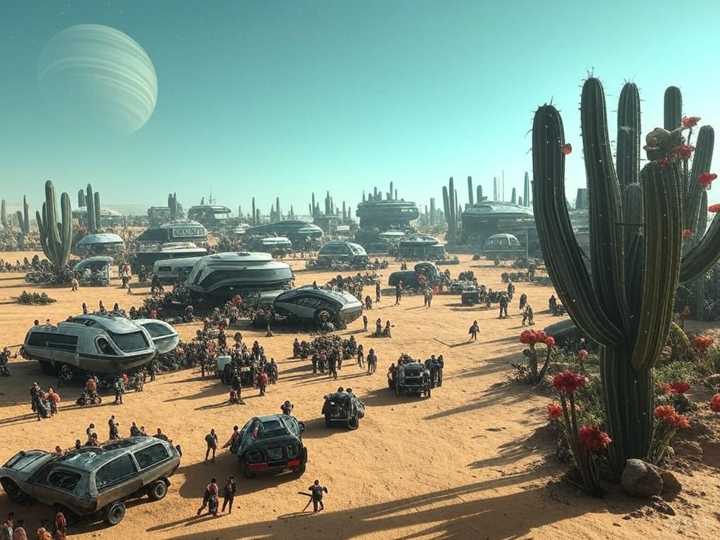 A vast desert landscape with a large, organized encampment of futuristic structures and vehicles, resembling a colony setup