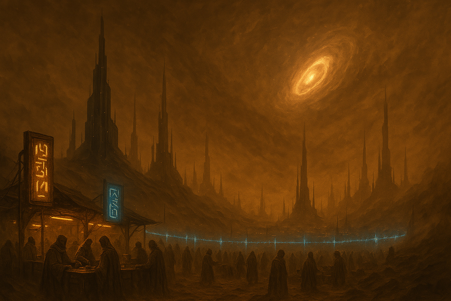 A vast desert landscape with a large, organized encampment of futuristic structures and vehicles, resembling a colony setup