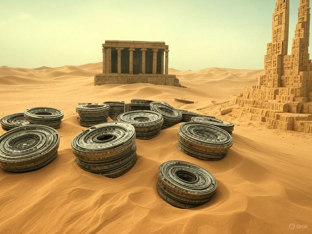 A vast desert landscape with large organized futuristic structures resembling a colony setup