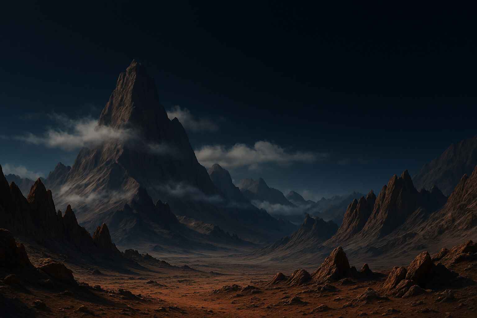A vast desert landscape with a large, organized encampment of futuristic structures and vehicles, resembling a colony setup