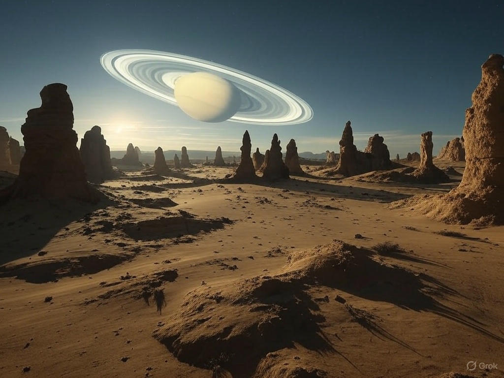 A vast desert landscape with a large, organized encampment of futuristic structures and vehicles, resembling a colony setup