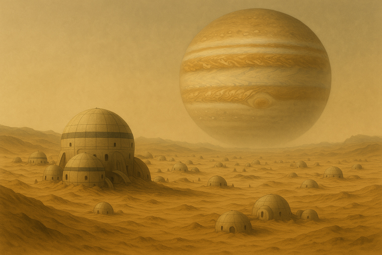Futuristic desert cityscape at sunset with a central towering structure, rows of spherical buildings, and crowds of people