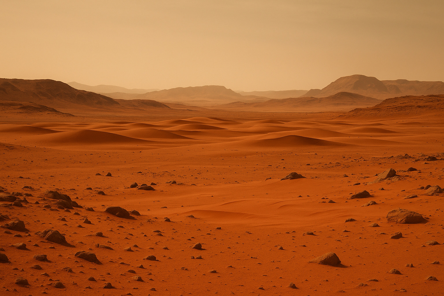 A vast desert landscape with a large, organized encampment of futuristic structures and vehicles, resembling a colony setup