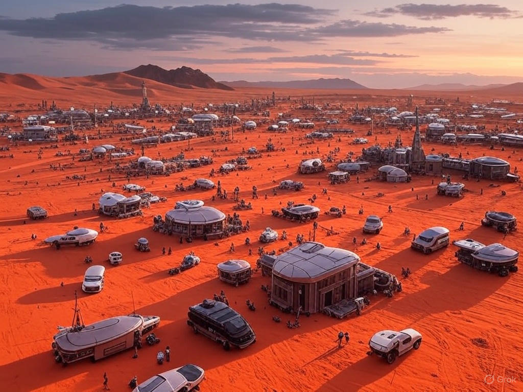 Futuristic cityscape with advanced technology infrastructure and neon lights in a desert setting at dusk