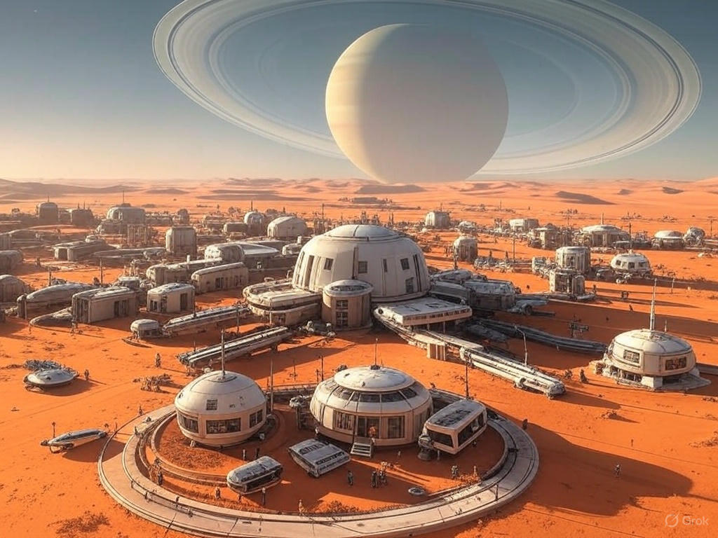A vast desert landscape with a large, organized encampment of futuristic structures and vehicles, resembling a colony setup