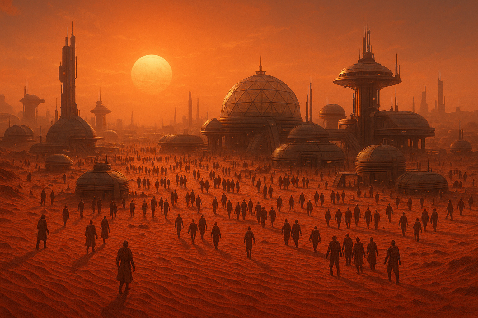 A vast desert landscape with a large, organized encampment of futuristic structures and vehicles, resembling a colony setup