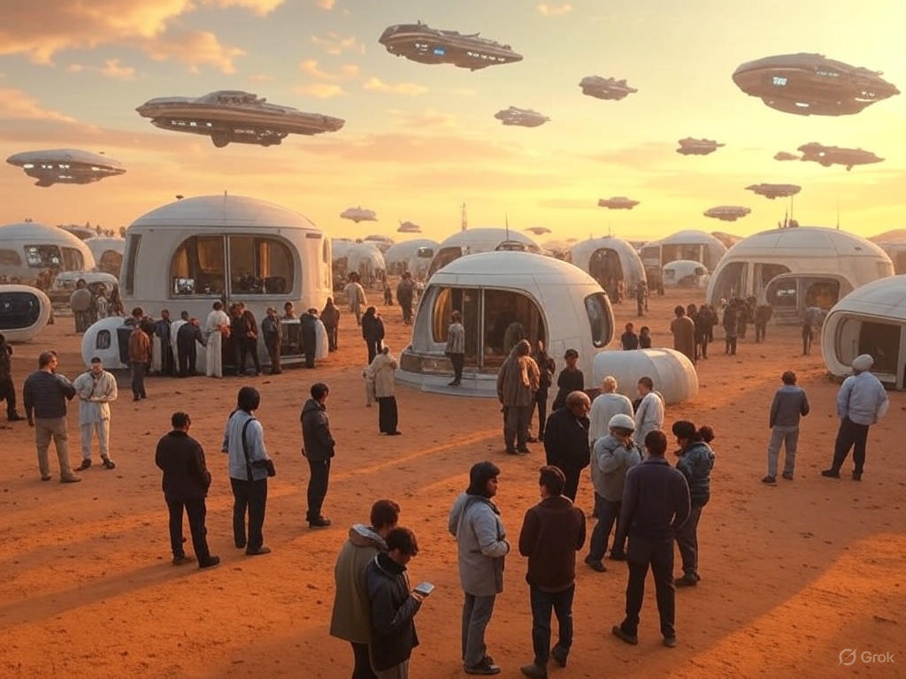 A vast desert landscape with large organized futuristic structures resembling a colony setup