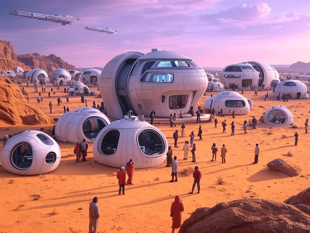 Futuristic cityscape with advanced technology infrastructure and neon lights in a desert setting at dusk
