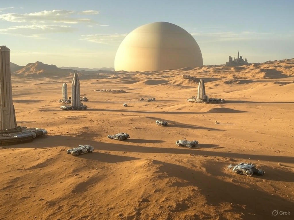 A vast desert landscape with large organized futuristic structures resembling a colony setup