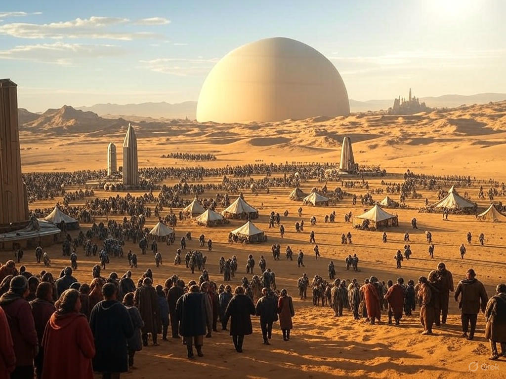 A vast desert landscape with large organized futuristic structures resembling a colony setup