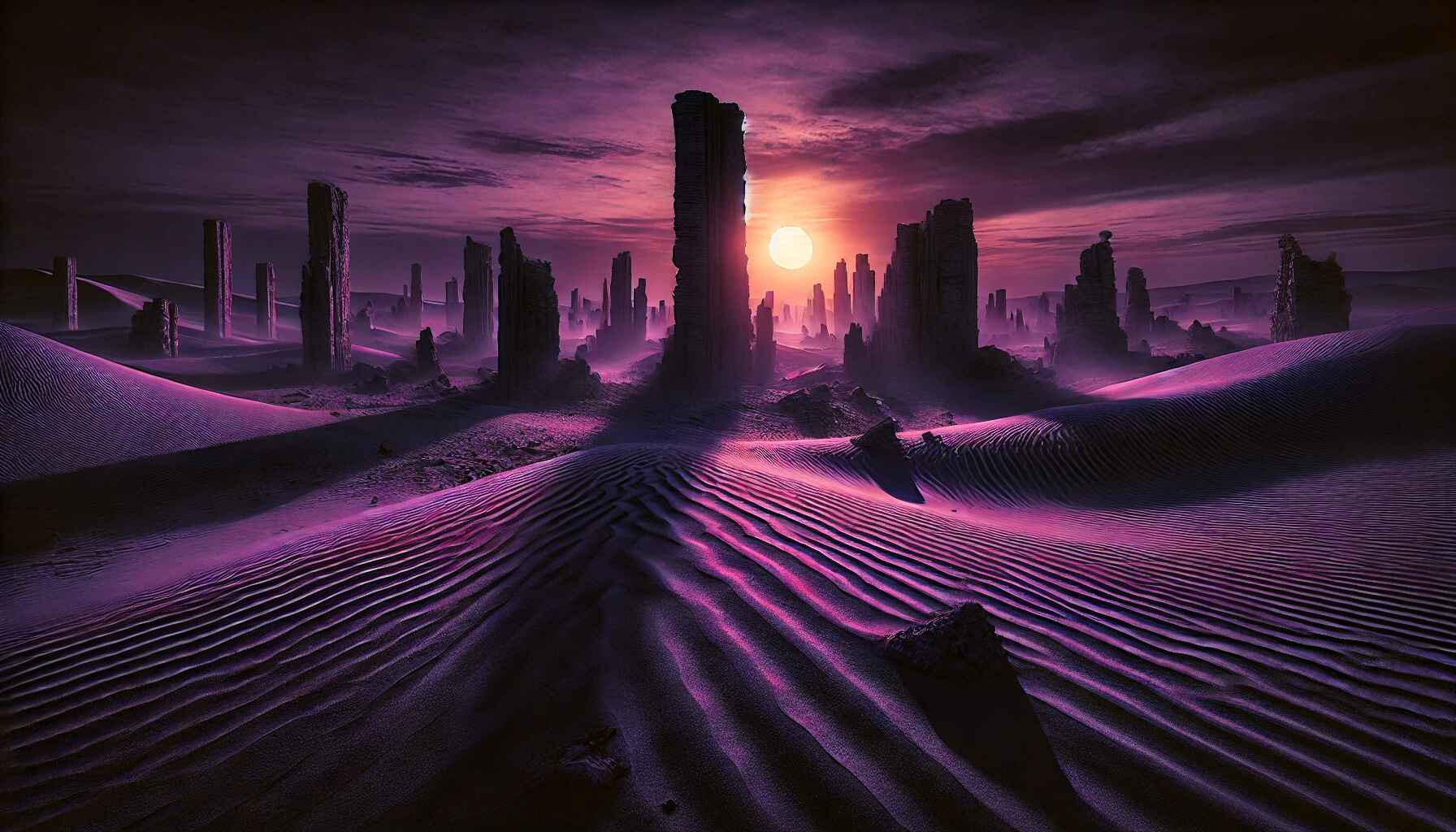 A vast desert landscape with a large, organized encampment of futuristic structures and vehicles, resembling a colony setup