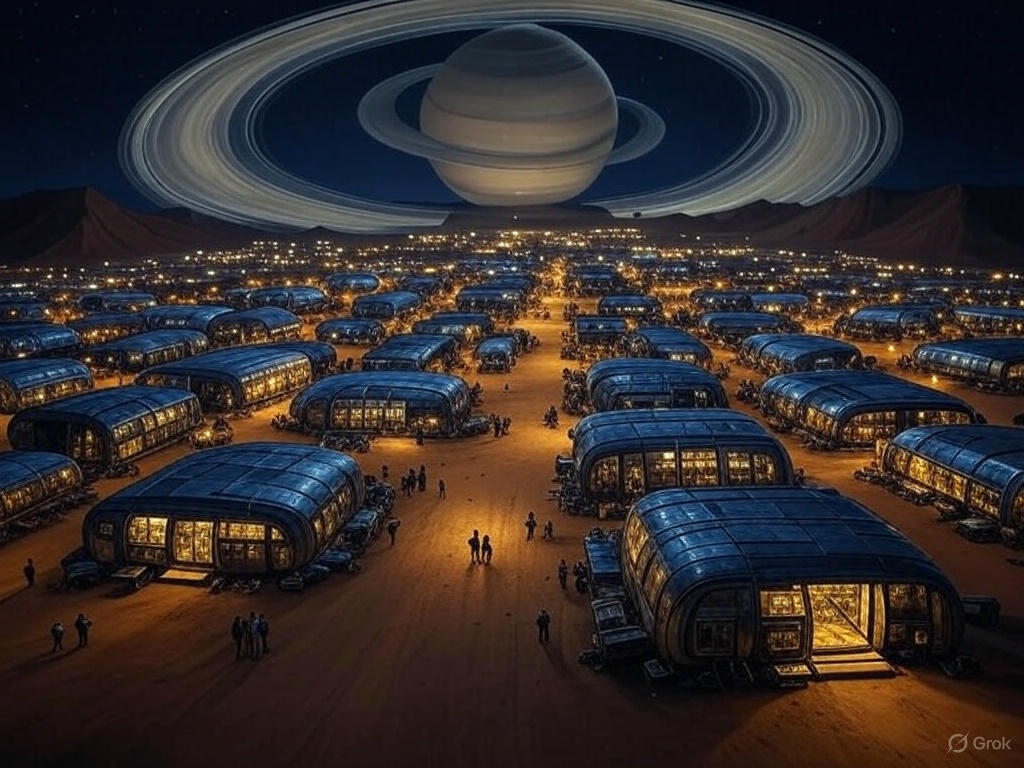 A vast desert landscape with large organized futuristic structures resembling a colony setup