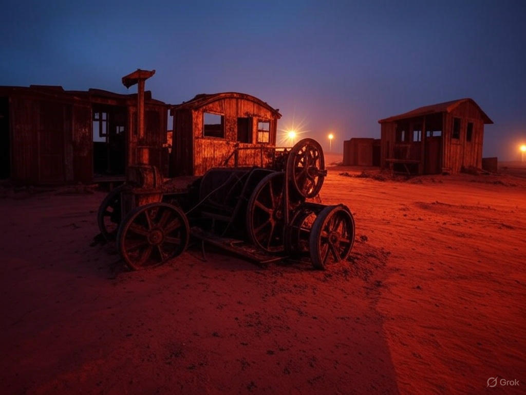 A vast desert landscape with a large, organized encampment of futuristic structures and vehicles, resembling a colony setup