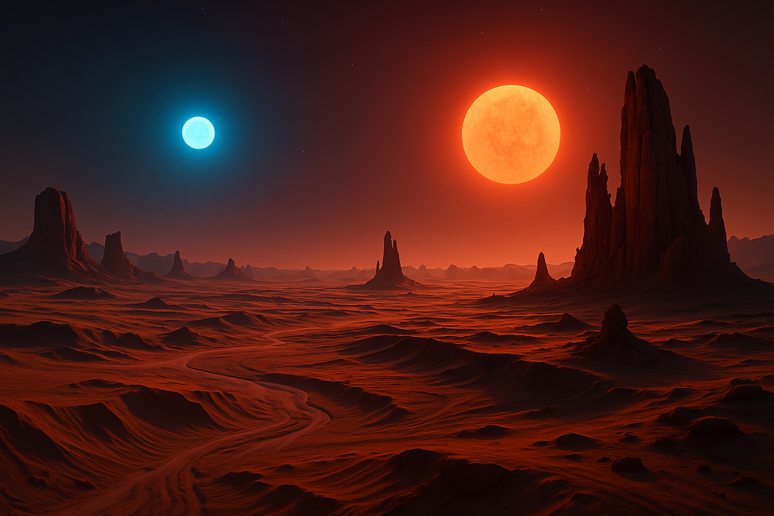 A vast desert landscape with large organized futuristic structures resembling a colony setup