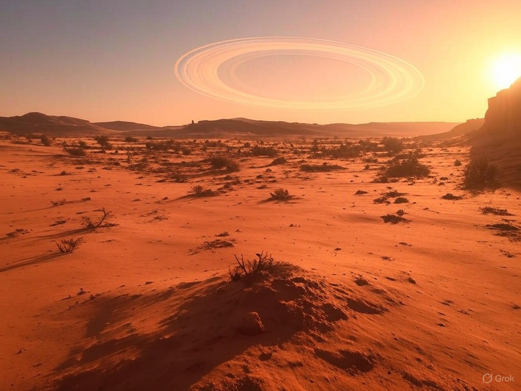 A vast desert landscape with a large, organized encampment of futuristic structures and vehicles, resembling a colony setup