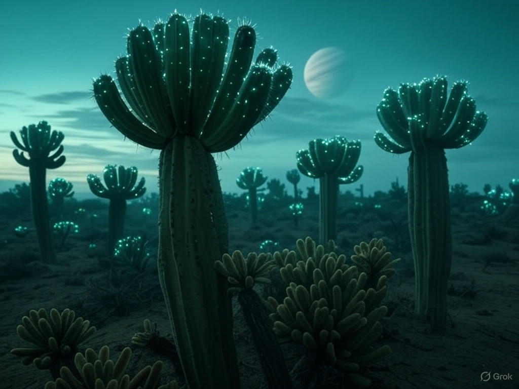 A vast desert landscape with a large, organized encampment of futuristic structures and vehicles, resembling a colony setup