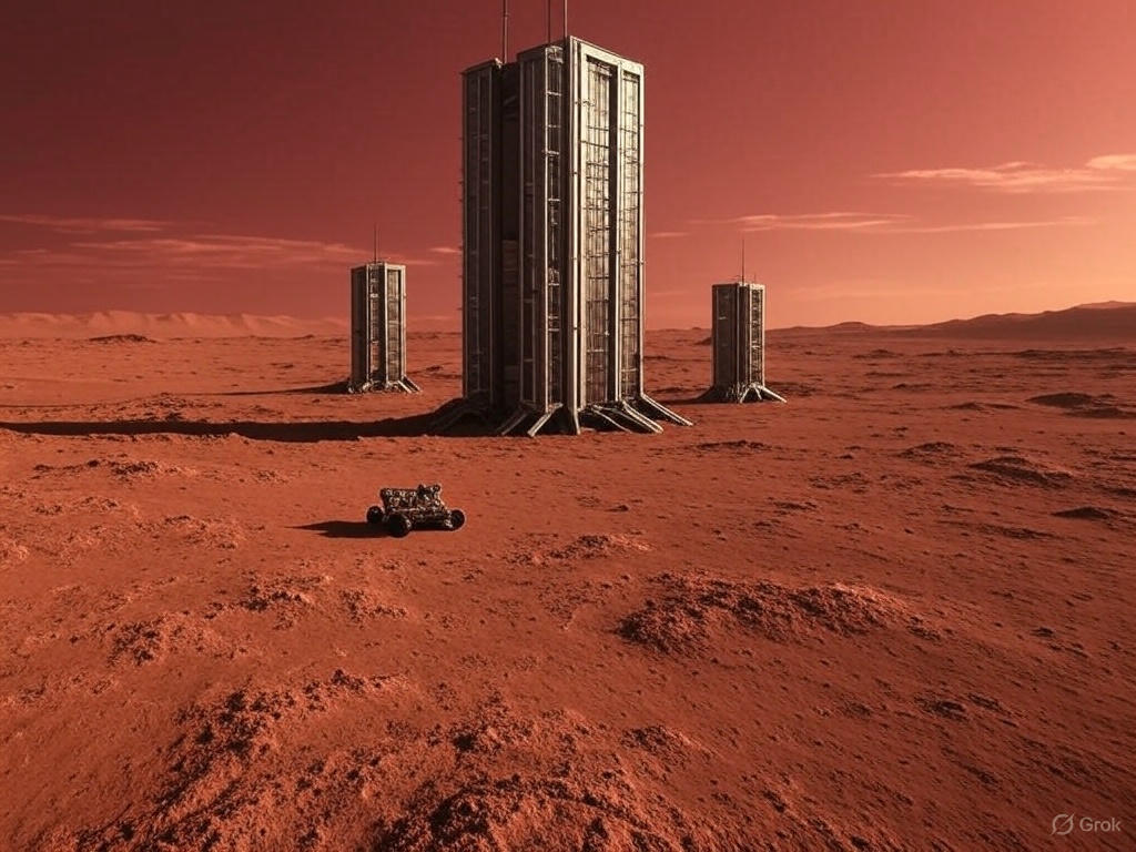 A vast desert landscape with a large, organized encampment of futuristic structures and vehicles, resembling a colony setup