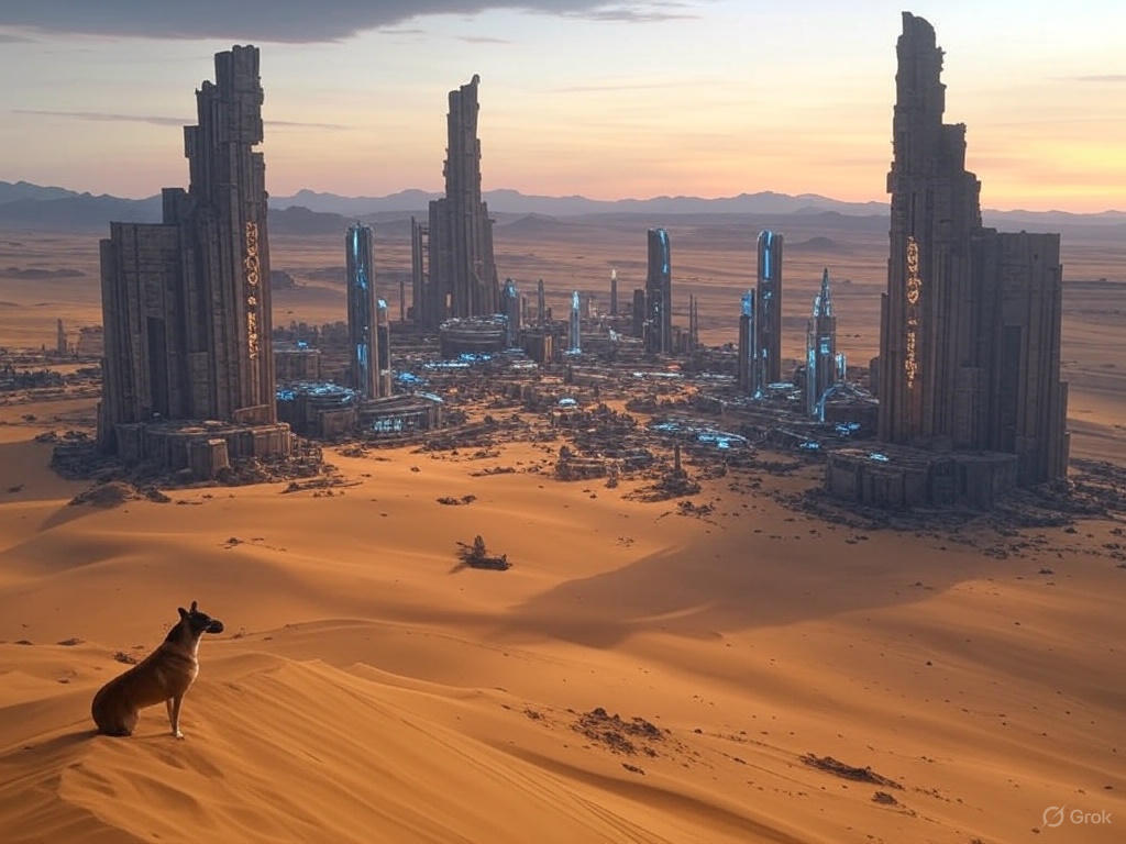 A vast desert landscape with a large, organized encampment of futuristic structures and vehicles, resembling a colony setup