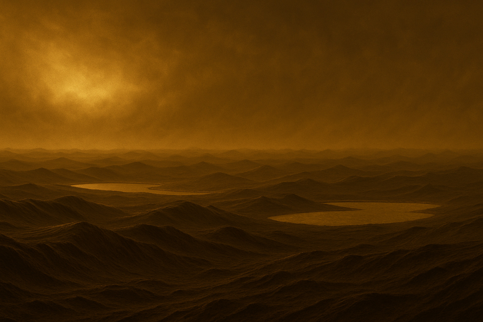 A vast desert landscape with a large, organized encampment of futuristic structures and vehicles, resembling a colony setup