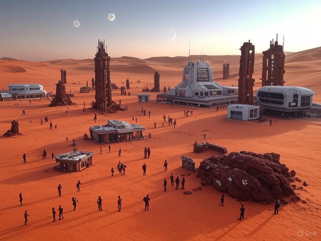 A vast desert landscape with a large, organized encampment of futuristic structures and vehicles, resembling a colony setup