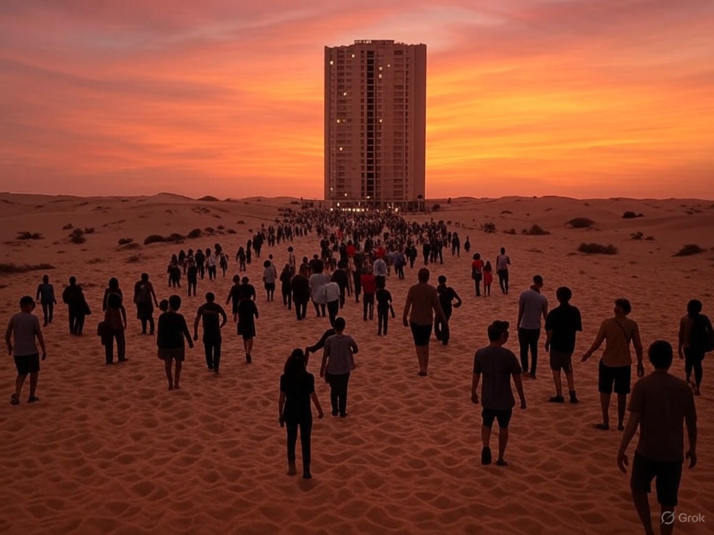 A vast desert landscape with a large, organized encampment of futuristic structures and vehicles, resembling a colony setup