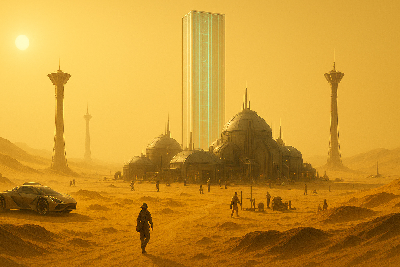 A vast desert landscape with a large, organized encampment of futuristic structures and vehicles, resembling a colony setup
