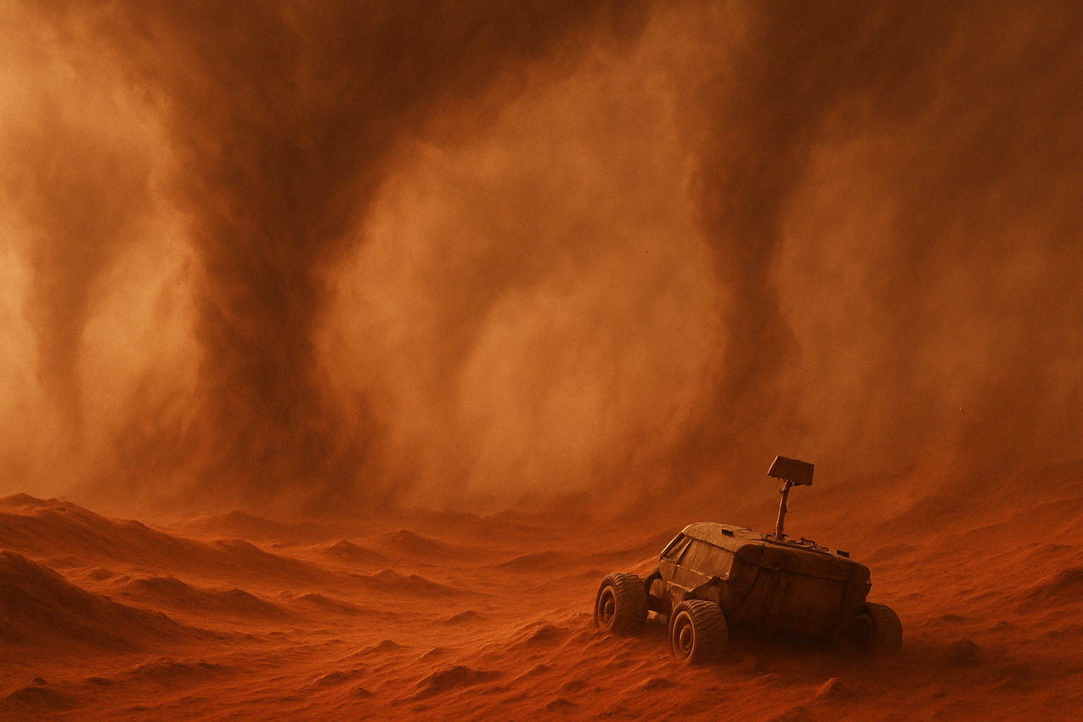 A vast desert landscape with a large, organized encampment of futuristic structures and vehicles, resembling a colony setup