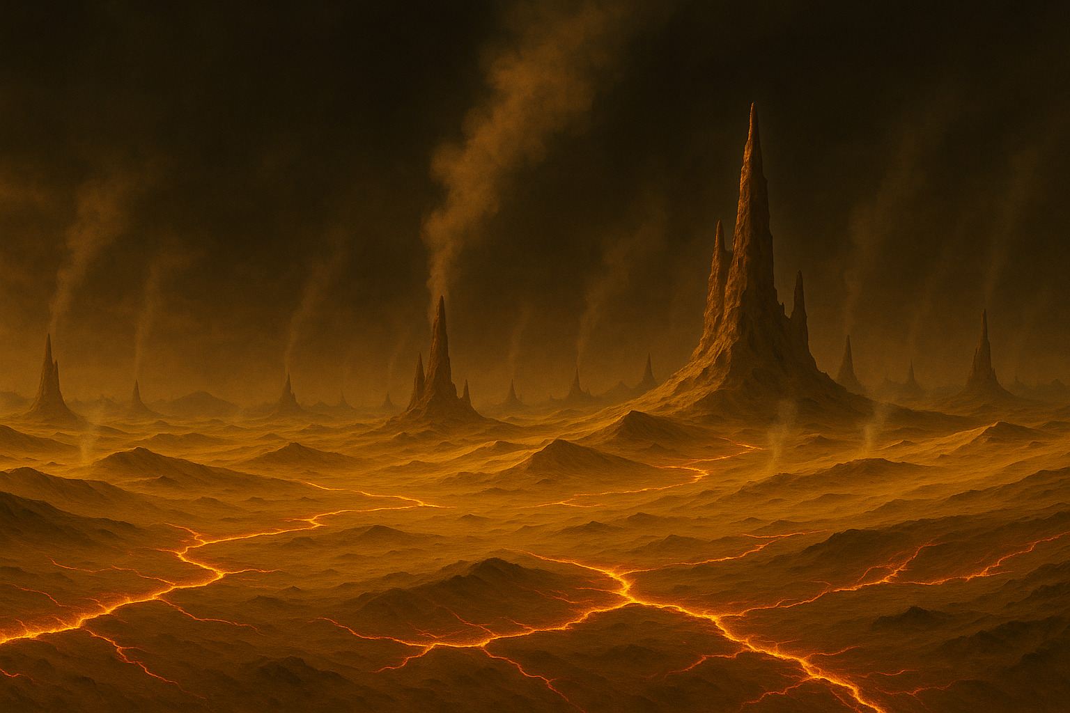 A vast desert landscape with large organized futuristic structures resembling a colony setup