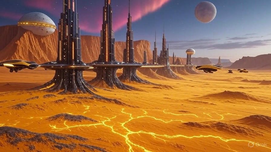A vast desert landscape with a large, organized encampment of futuristic structures and vehicles, resembling a colony setup