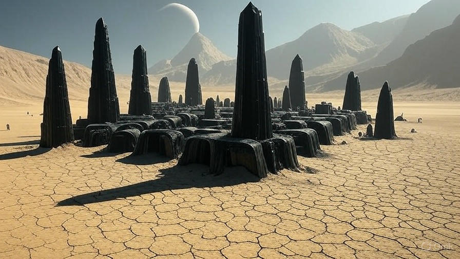 A vast desert landscape with a large, organized encampment of futuristic structures and vehicles, resembling a colony setup