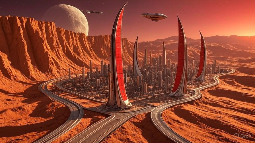 A vast desert landscape with large organized futuristic structures resembling a colony setup