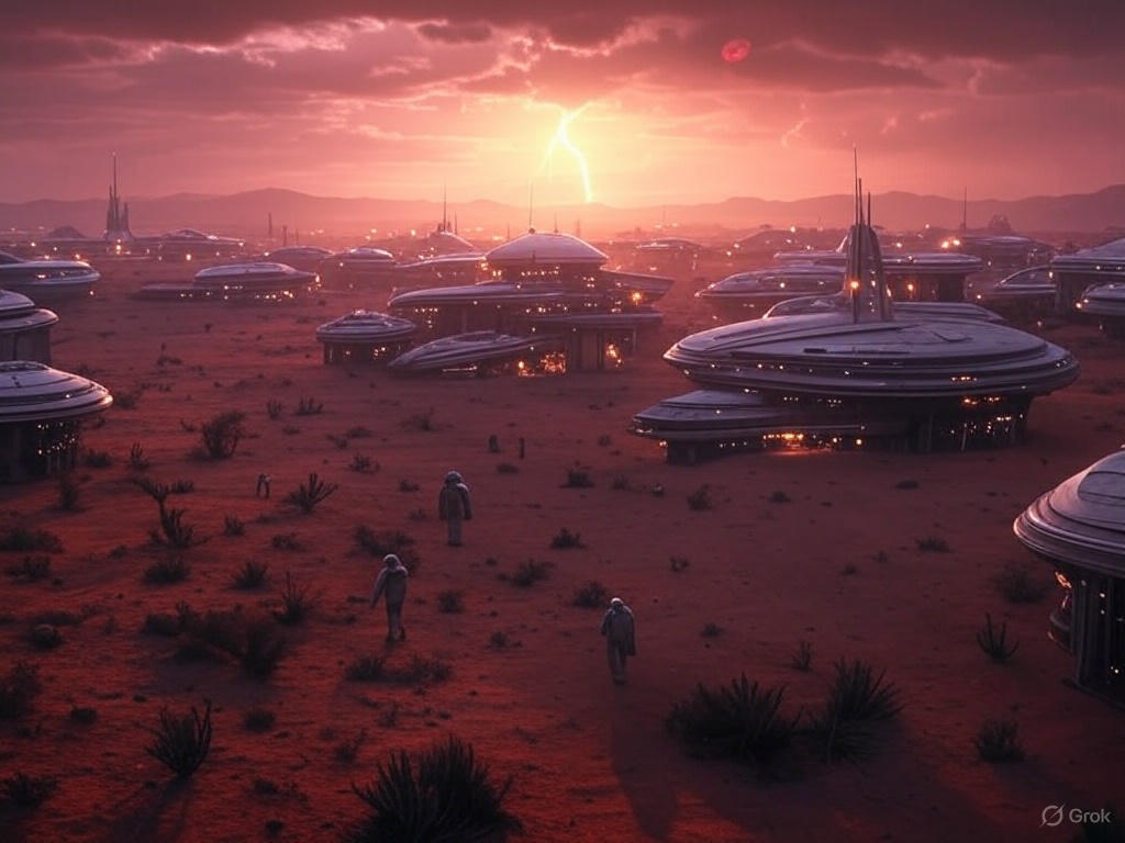 Futuristic cityscape with advanced technology infrastructure and neon lights in a desert setting at dusk