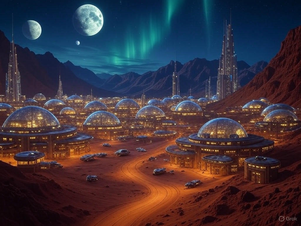 A vast desert landscape with a large, organized encampment of futuristic structures and vehicles, resembling a colony setup