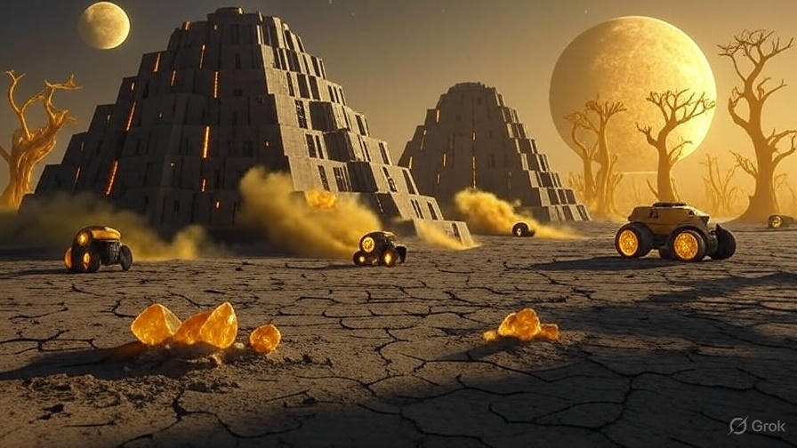 A vast desert landscape with a large, organized encampment of futuristic structures and vehicles, resembling a colony setup