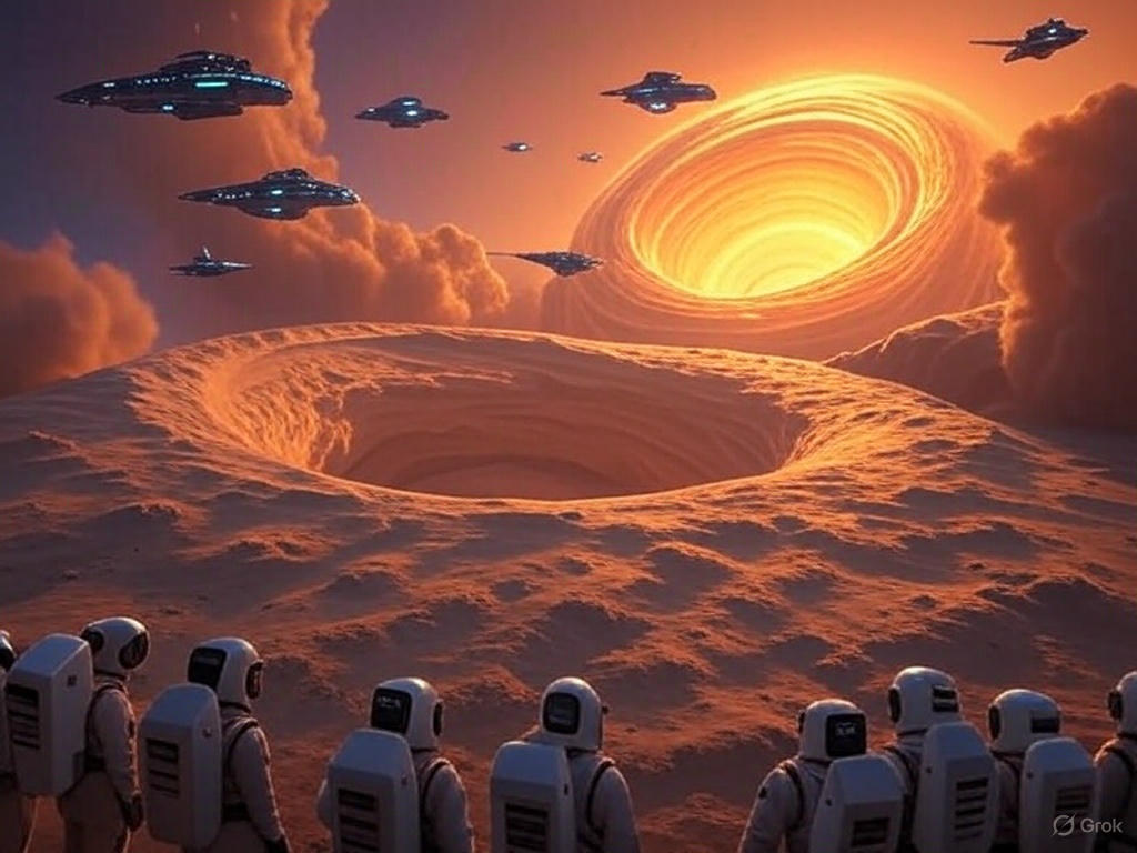 A vast desert landscape with a large, organized encampment of futuristic structures and vehicles, resembling a colony setup