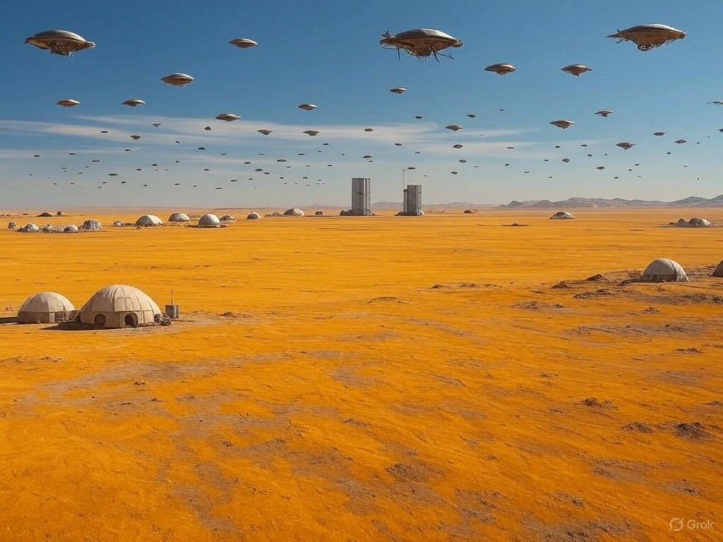 A vast desert landscape with a large, organized encampment of futuristic structures and vehicles, resembling a colony setup