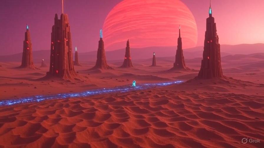 A vast desert landscape with large organized futuristic structures resembling a colony setup