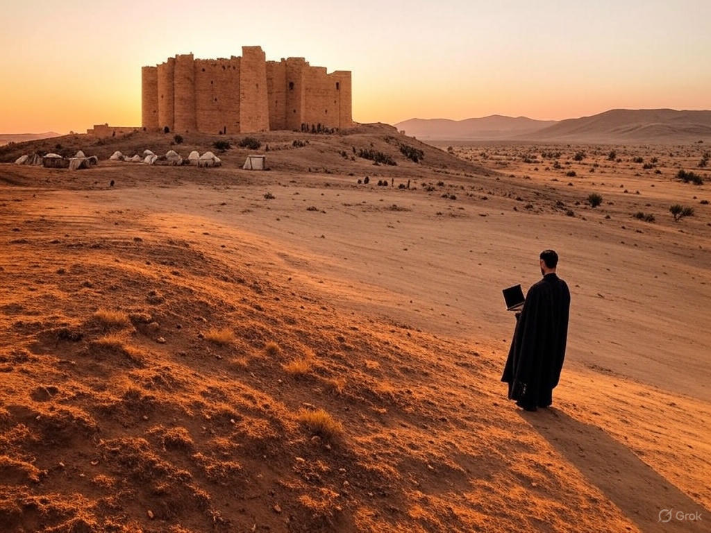 A vast desert landscape with a large, organized encampment of futuristic structures and vehicles, resembling a colony setup