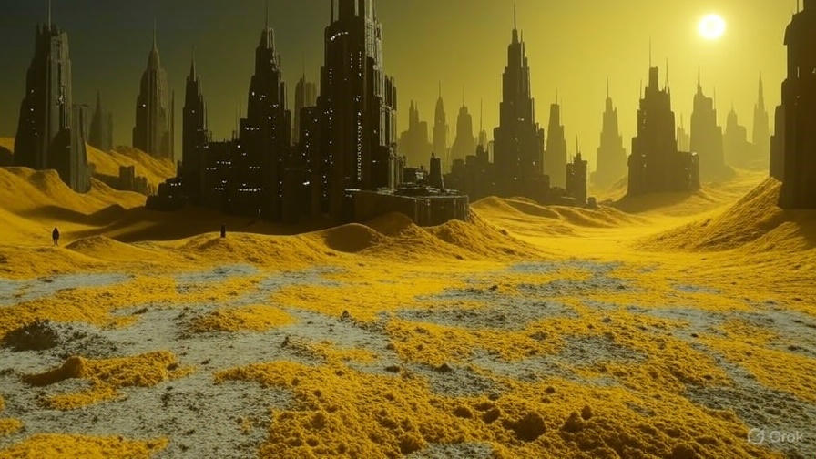 A vast desert landscape with a large, organized encampment of futuristic structures and vehicles, resembling a colony setup