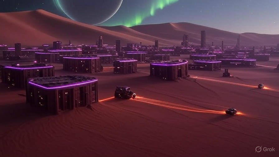 A vast desert landscape with large organized futuristic structures resembling a colony setup